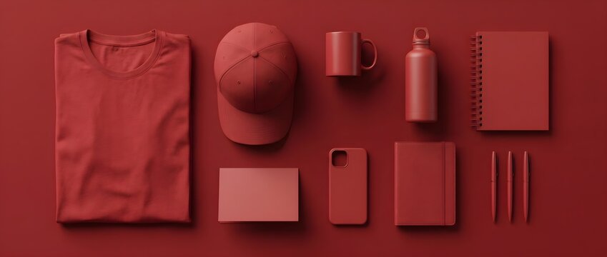 Red Promotional Merchandise Mockup Flat Lay with Blank Branding Products