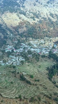 Vertical Aerial View of Himalayan Village near Deoria Tal Uttarakhand India