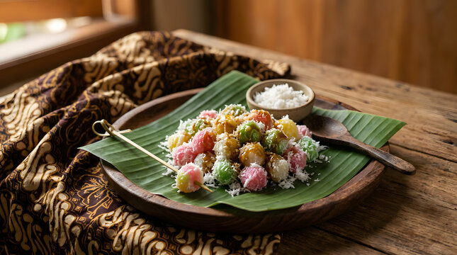 Traditional indonesian klepon dessert balls served on a rustic wooden plate with grated coconut and brown sugar syrup topping garnish