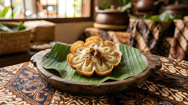 Traditional Indonesian sweet pancake called serabi served on a green banana leaf inside a rustic wooden bowl with brown syrup