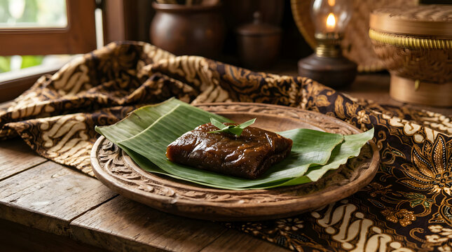 Traditional indonesian dodol dessert served on a rustic wooden plate with fresh banana leaf and elegant dark batik cloth background