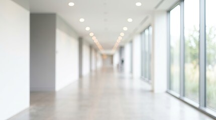 Fototapeta premium Modern Office Building Hallway with Natural Light and Minimalist Design.