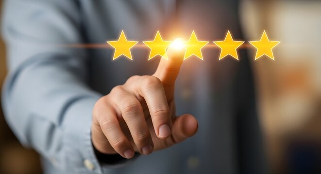 A person giving a fivestar rating with their finger touching a glowing star symbol