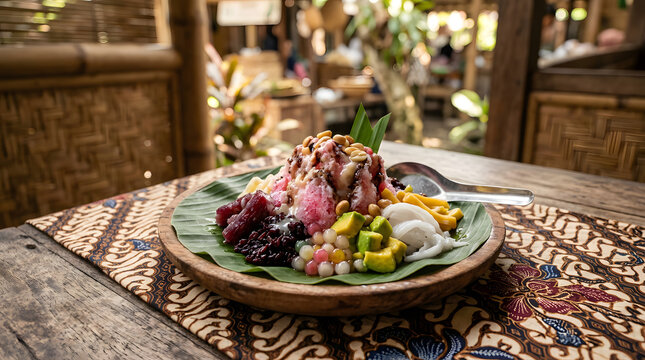 Traditional Indonesian shaved ice dessert known as es campur served on a wooden plate with colorful toppings and sweet syrup
