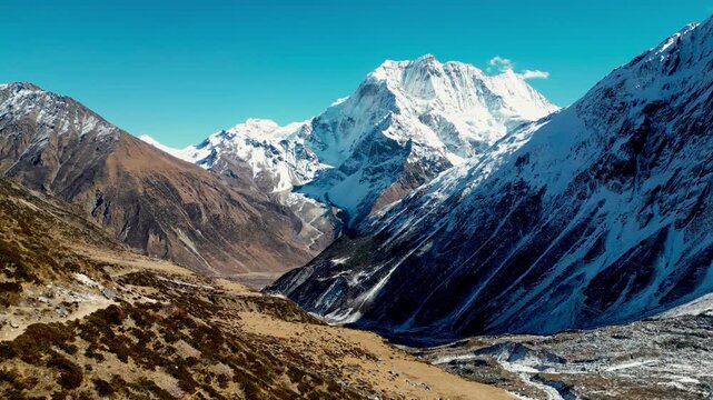 Aerial View of Samdo Peak and Glacier Valley from Manaslu Circuit Trail Between Samdo and Dharamsala, Nepal