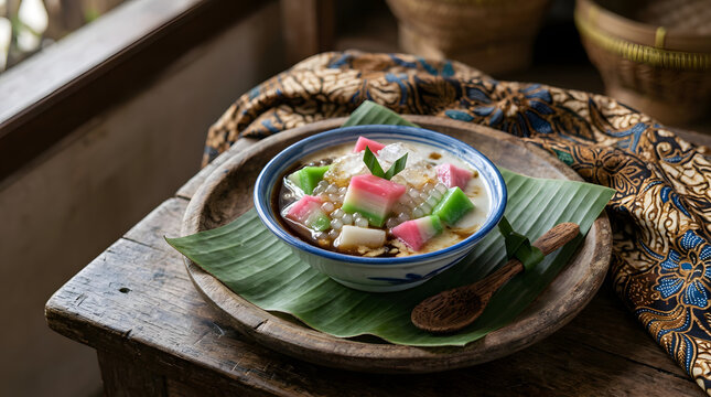 Traditional indonesian sweet dessert called es campur served in a rustic ceramic bowl with colorful jelly cubes and coconut milk