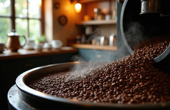 Hot coffee beans tumble from roaster drum. Steam rises from dark roast arabica seeds in coffee shop. Fresh aroma fills cafe interior. Warm beverage preparation starts.