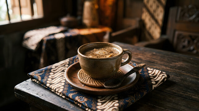 Rustic ceramic mug filled with hot aromatic coffee resting on a wooden saucer atop traditional patterned batik fabric in sunlight