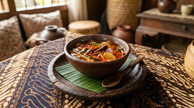 Traditional warm herbal drink served in a rustic clay bowl with a wooden spoon on a patterned batik cloth table