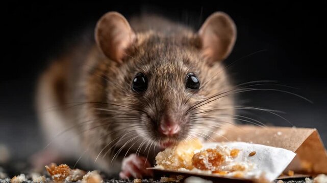 Brown mouse with large eyes nibbles on a piece of food while surrounded by crumbs on a dark surface, showcasing its detailed fur and whiskers in close-up view