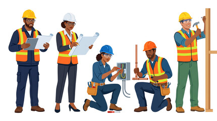 Obraz premium Diverse Professional Construction and Engineering Team Members in Safety Gear and Uniforms Isolated on White Background
