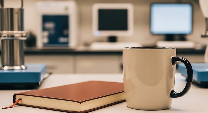 Coffee mug and notebook on office desk in technology research lab with notebook