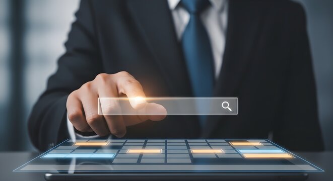 Businessman in suit interacting with a futuristic transparent keyboard and search bar on a digital screen with glowing interface elements