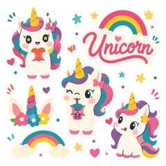 Fototapeta premium Colorful Rainbow Unicorn Sticker Set Featuring Kawaii Creatures With Magical Horns Drinking Boba Tea Holding Hearts And Decorated With Beautiful Flowers For Kids Crafting Activities And Party