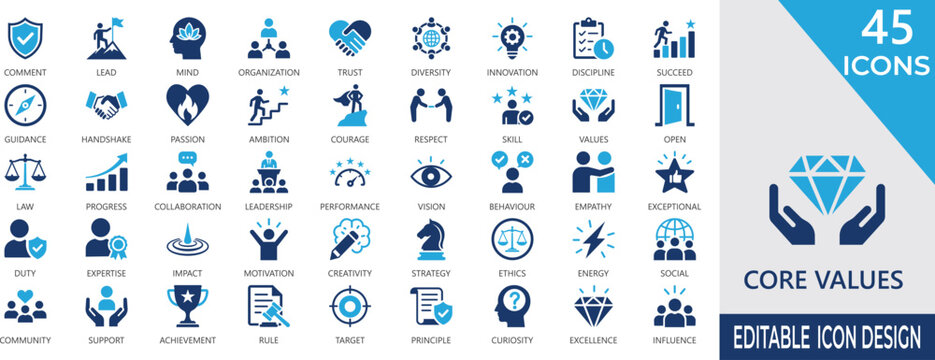 core values solid icon set with company principles, diversity, collaboration, vision, mission, sustainability, respect, and corporate culture symbols.
