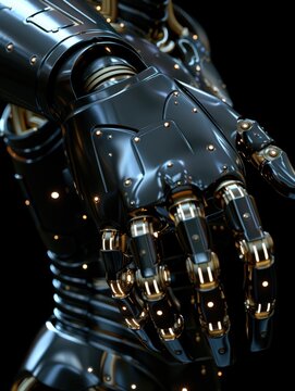 A close view of a shiny robotic hand with intricate features and metallic textures