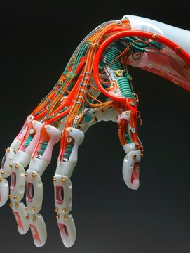 A robotic hand showcases complex wiring and design highlighting innovation