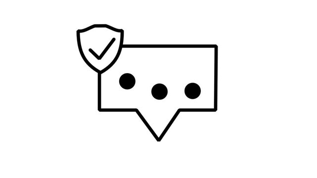 Animated line icon presenting a speech bubble with three dots protected by a secure checkmark shield for encrypted messages.