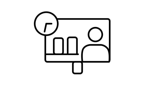 Animated line icon featuring a corporate presenter explaining financial bar charts on a whiteboard under a scheduled project timeline clock.