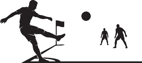 Soccer player kicking ball at corner flag with teammates near goal post black silhouette illustration perfect for sports action team games design templates. © MdRashed