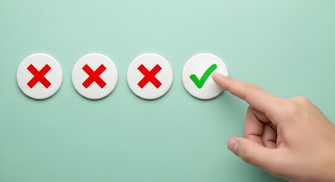 Hand choosing the correct option among wrong ones, represented by a green check mark and red crosses on a light green background