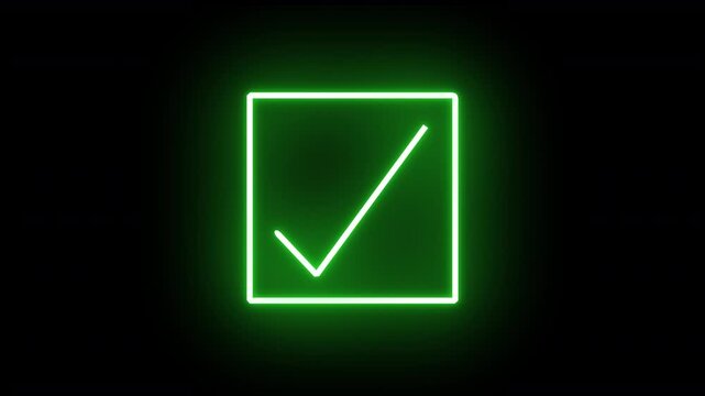 slower green neon tube light check mark tick in the box lighting icon symbol animated checkmark 4K animation