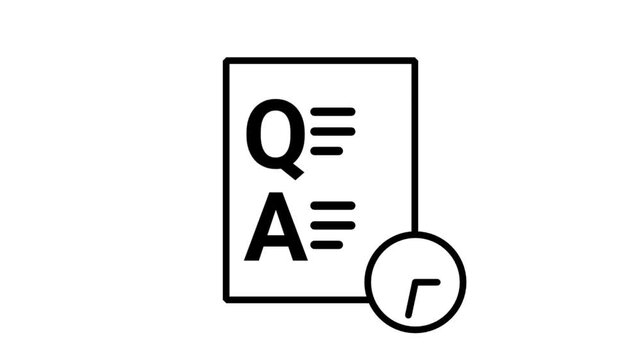 Animated line icon displaying a Q and A questionnaire document with a clock symbol to represent timed customer feedback support.