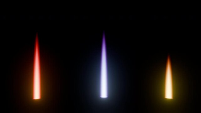 Three realistic rocket thruster flame animations on green screen overlay. Multicolor jet engine exhaust pack, fiery energy explosion trails, and glowing heat effect bundle.