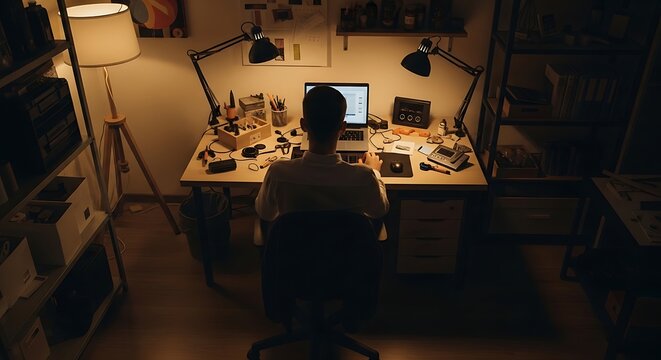 Software developer working on computer in dark home office at night