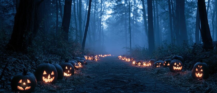 Spooky Halloween forest path at night, glowing pumpkins lining the edge of the path on straw, leading the eye into a deep, misty woodland with dark blue light, dramatic and wide