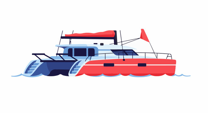 A red and blue catamaran yacht sails on wavy blue water with a red sail and flag