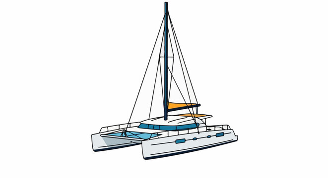 A white catamaran sailboat with blue windows and orange sails stands against a white background