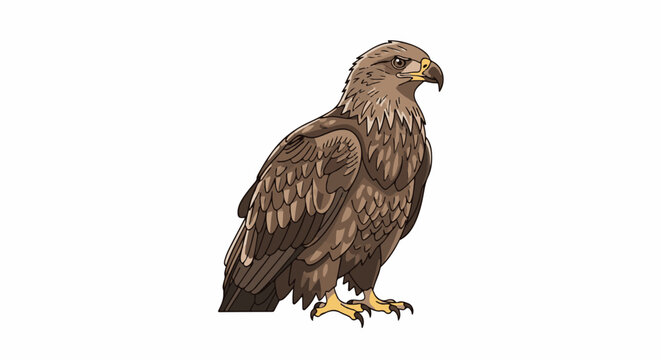 A brown bird of prey with sharp talons and a hooked beak stands with its head turned