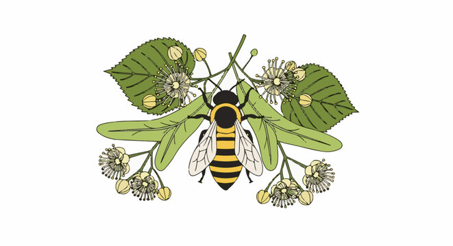 Detailed illustration of a bee among linden tree leaves and blossoms on a white background