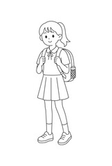 Fototapeta premium Cute Female Student in School Uniform with Backpack, Hand Drawn Black and White Vector Illustration