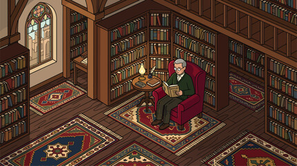 Elderly man reading a book in a cozy library with bookshelves and ornate rugs. © Zayn coy