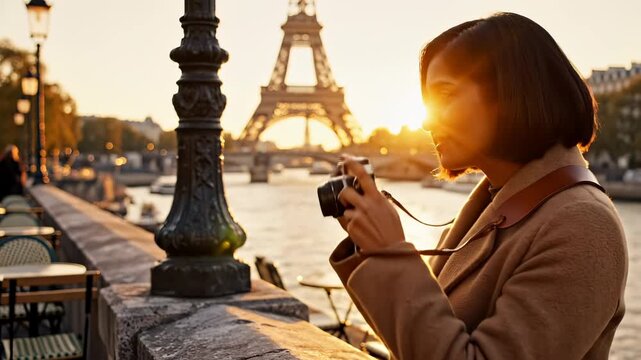 Woman tourist takes a picture with a vintage camera near the Eiffel Tower. Young woman photographer stands by the river at sunset. Tourist enjoys the view. Woman visits the city of Paris.