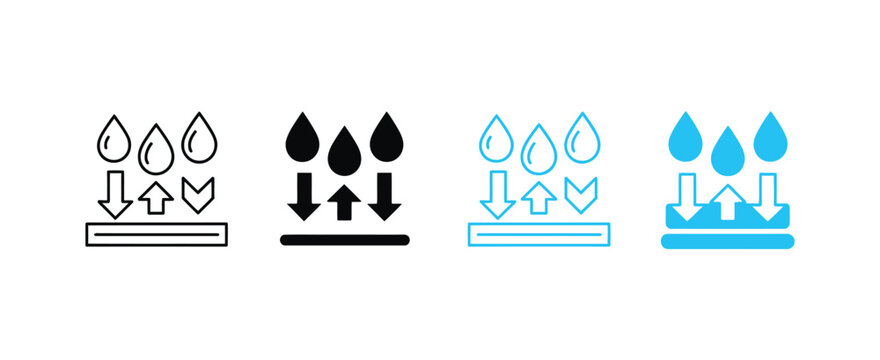 Water absorption and permeability icon set, liquid droplets with porous surface symbol for absorption, drainage and moisture resistance vector illustration.