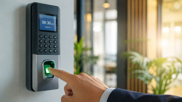 A businessman using a biometric fingerprint scanner for office door access control.