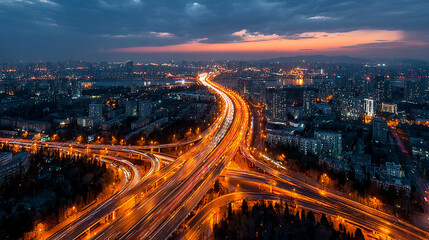 Fototapeta premium Interchange highway complex features a complex network of roads illuminated by bright amber streetlights that guide traffic through the bustling urban area under a dramatic deep blue twilight.