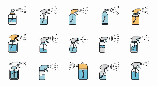 Collection of illustrated spray bottles with varied nozzle and body designs