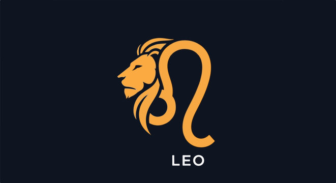 Stylized orange lion head and zodiac symbol on dark blue background