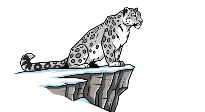 Stylized snow leopard perched on a snow-covered rocky cliff edge, looking to the right