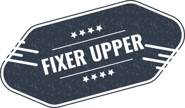 Fixer upper label sign sticker rounded vintage style stamp with white text on dark blue