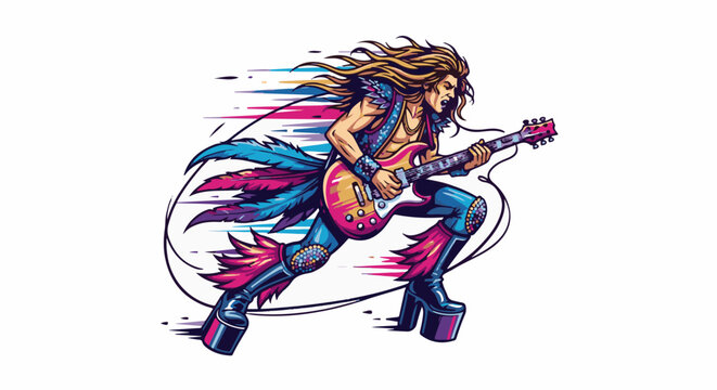 Pixelated glam rocker with electric guitar, dynamic motion, and feathered attire