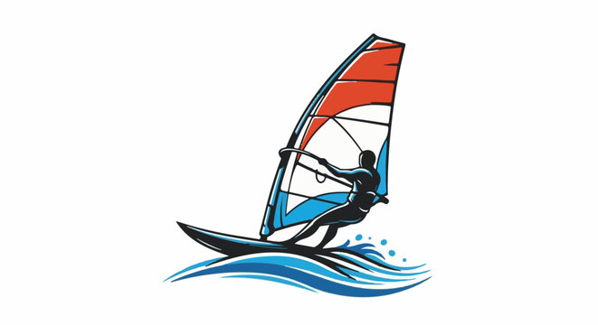 A graphic illustration of a windsurfer on a wave