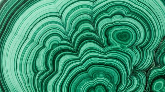 Macro close‑up of banded malachite slice with concentric green rings on solid dark forest green background