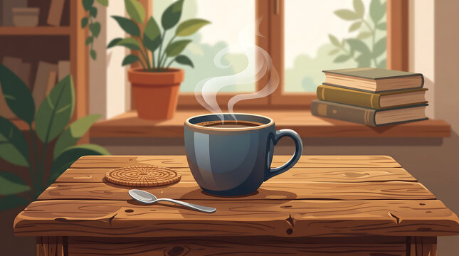 Steaming Hot Coffee on Wooden Table