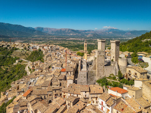 Aerial view of Pacentro medieval village and Caldora Castle in Abruzzo
