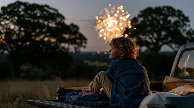 Child watching fireworks from the tailgate of a parked pickup truck in a rural field on the Fourth of July, knees pulled to chest with face tilted skyward and the dark outline of oak trees framing t